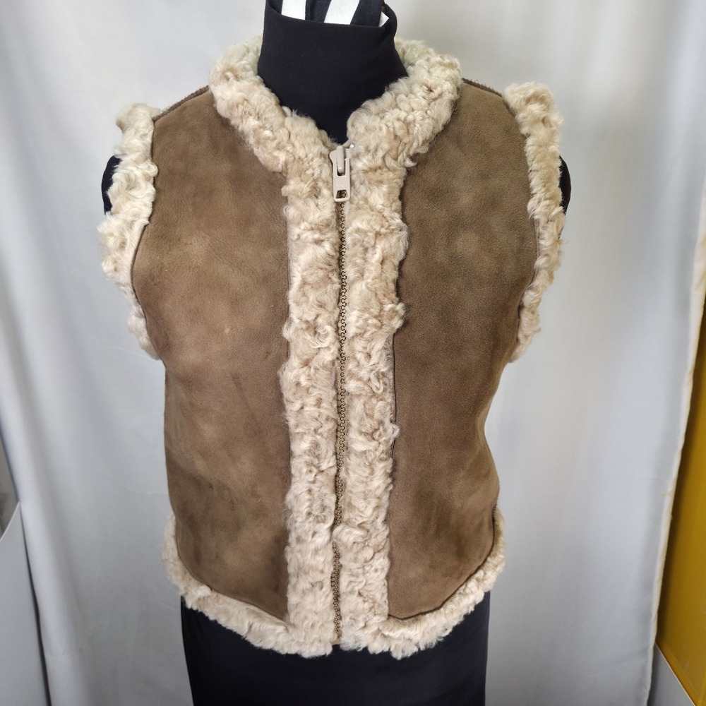 VTG 70s Sheepskin Shearling Womens S Reversible Western Bohemian Vest YKK Zipper
